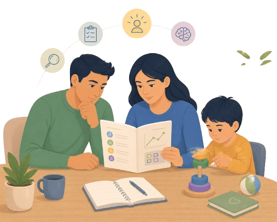 Family reviewing child's developmental well-being guide — empowering parents of children with autism and ADHD in India