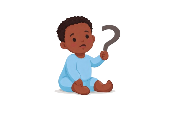 Illustration of a toddler sitting and holding a question mark — representing parental uncertainty about speech delay and communication development at 18 months