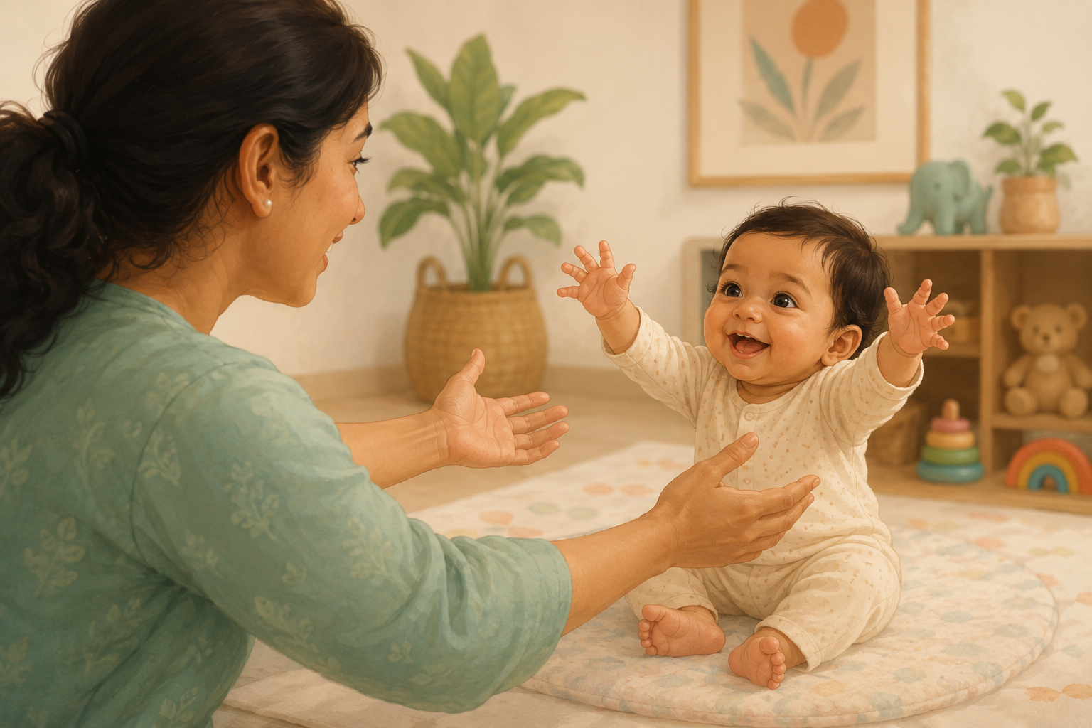 Indian mother reaching towards baby who raises arms to be picked up — 6 to 9 month developmental milestone