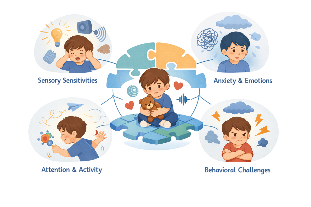 Illustration of interconnected behavioural patterns in autism — child surrounded by four connected areas: sensory sensitivities, anxiety and emotions, attention and activity, and behavioural challenges