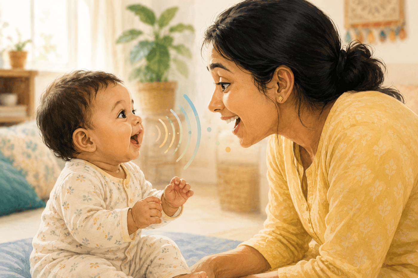 Indian mother and baby babbling face to face — consonant babbling milestone for babies aged 6 to 9 months