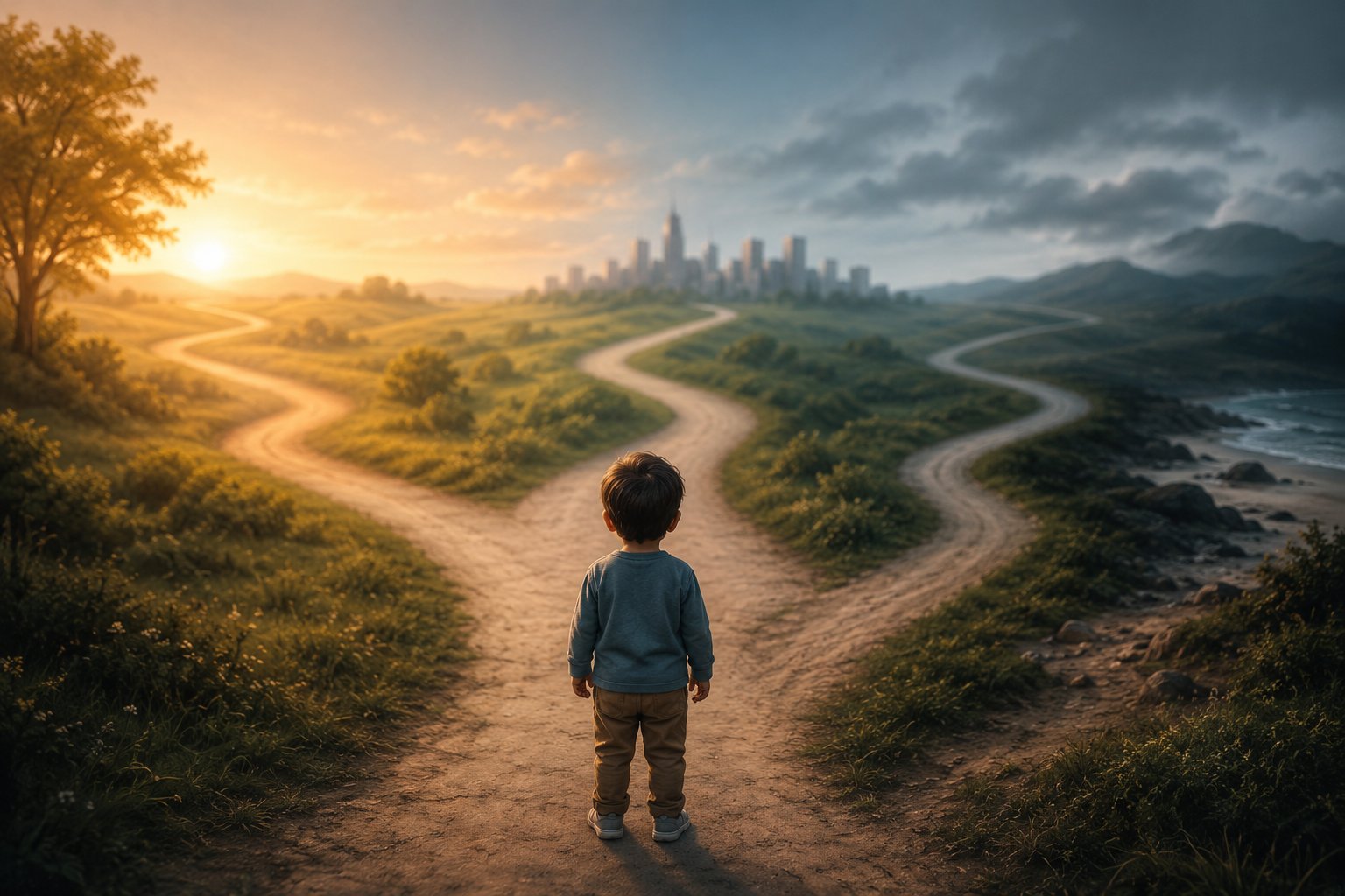 Young child standing at a fork in two winding roads leading to different futures — representing multiple developmental paths for autistic children and why no single assessment defines their ceiling