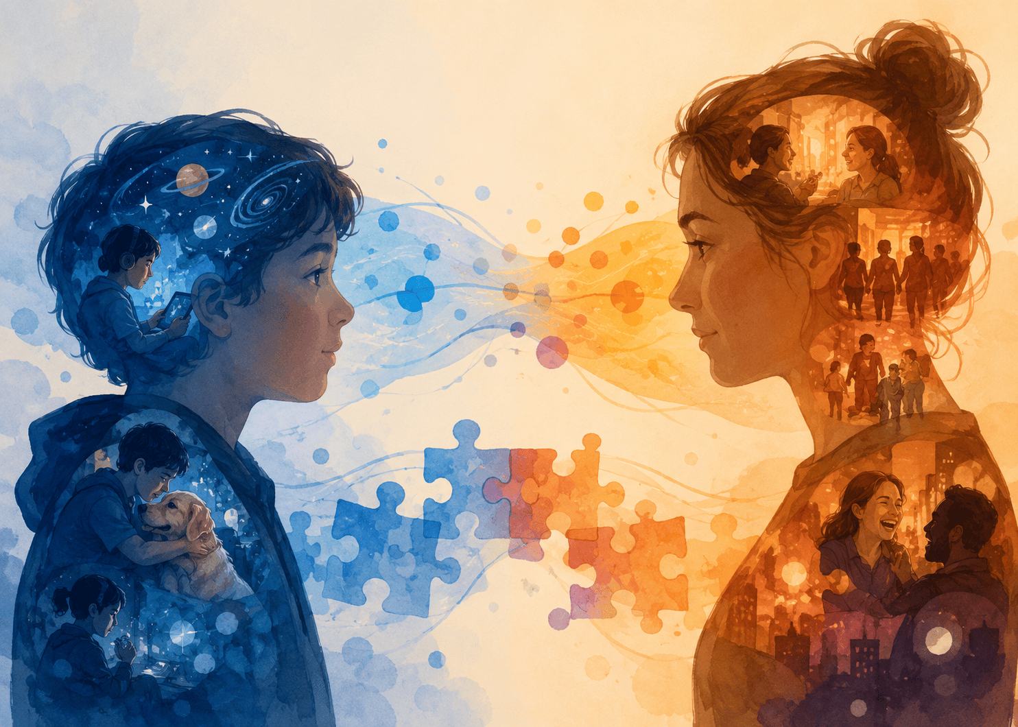 Autistic child and adult facing each other with colourful thoughts and puzzle pieces flowing between them — visualising the Double Empathy Problem