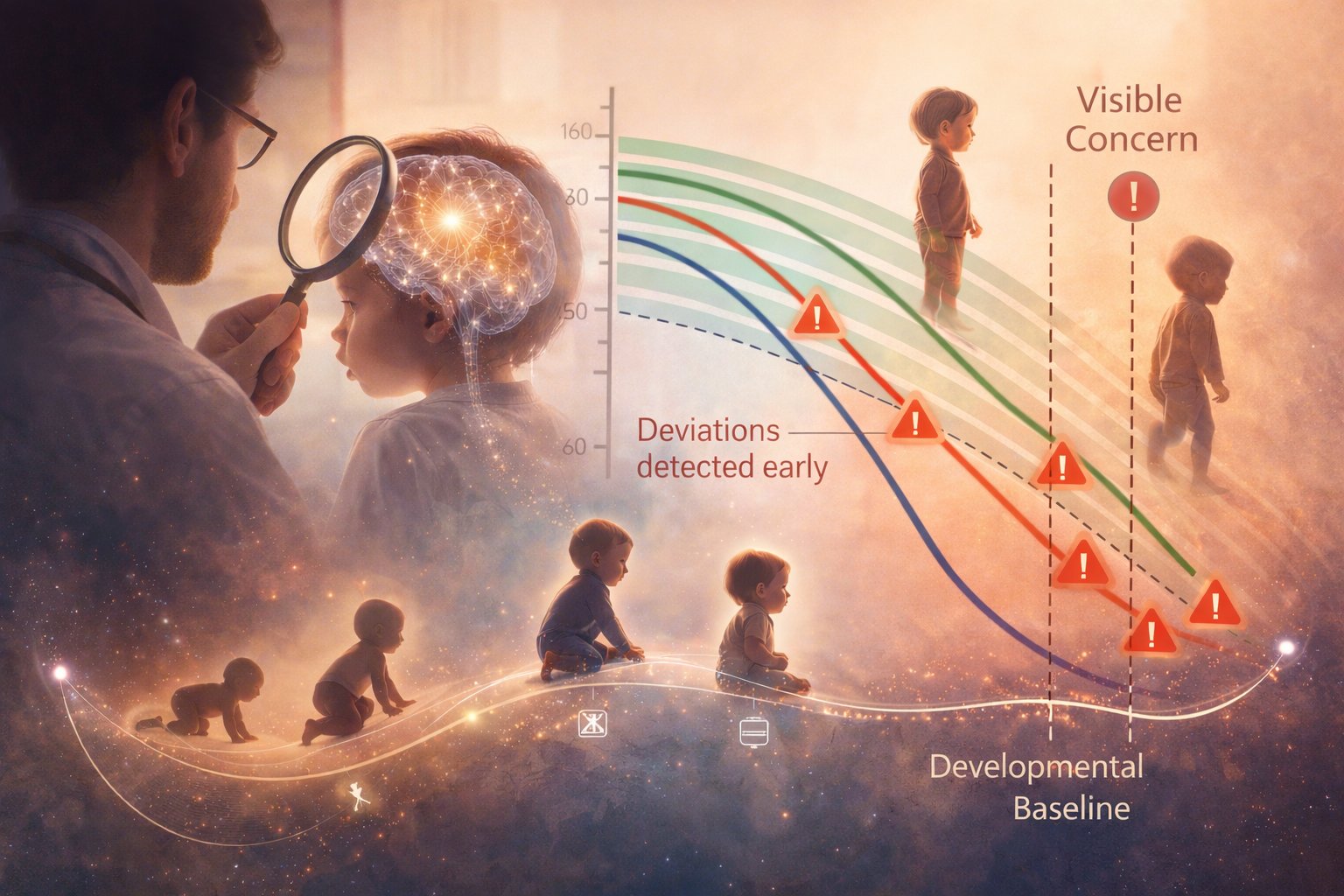 Illustration showing child developmental stages alongside a graph of deviations detected early versus visible concern — representing the developmental baseline concept for early autism and delay detection