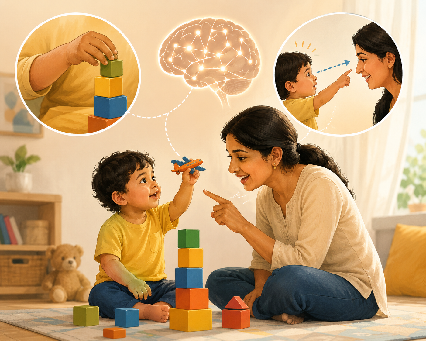 Indian toddler stacking blocks with caregiver watching — fine motor skills and joint attention as early signs of language development
