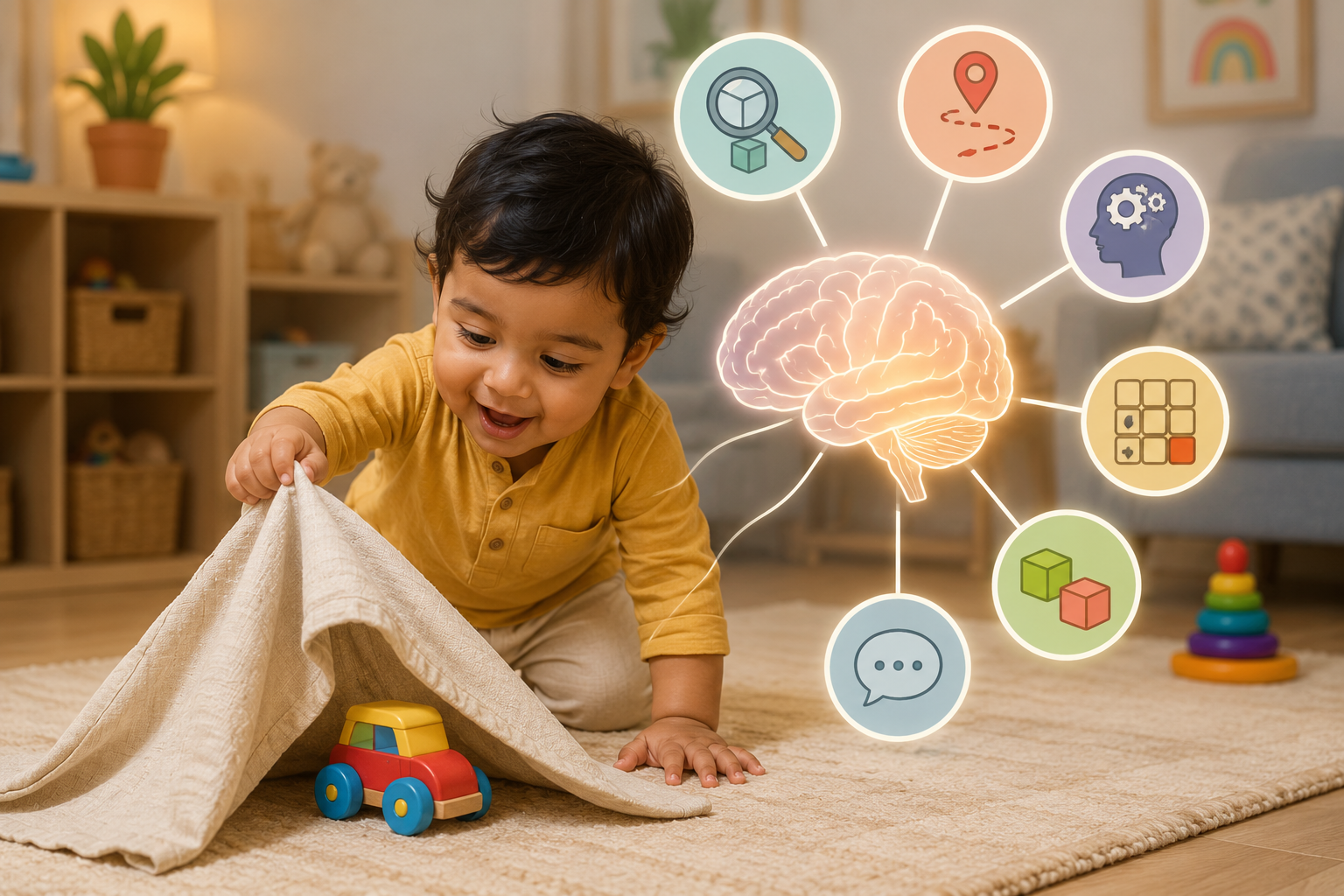 15-month-old toddler searching for a hidden object under a cloth — cognitive brain milestone India
