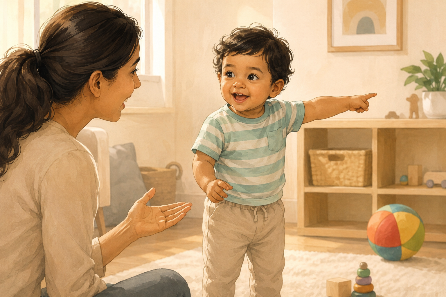 Toddler index finger pointing in response to where is the ball — 18 month milestone