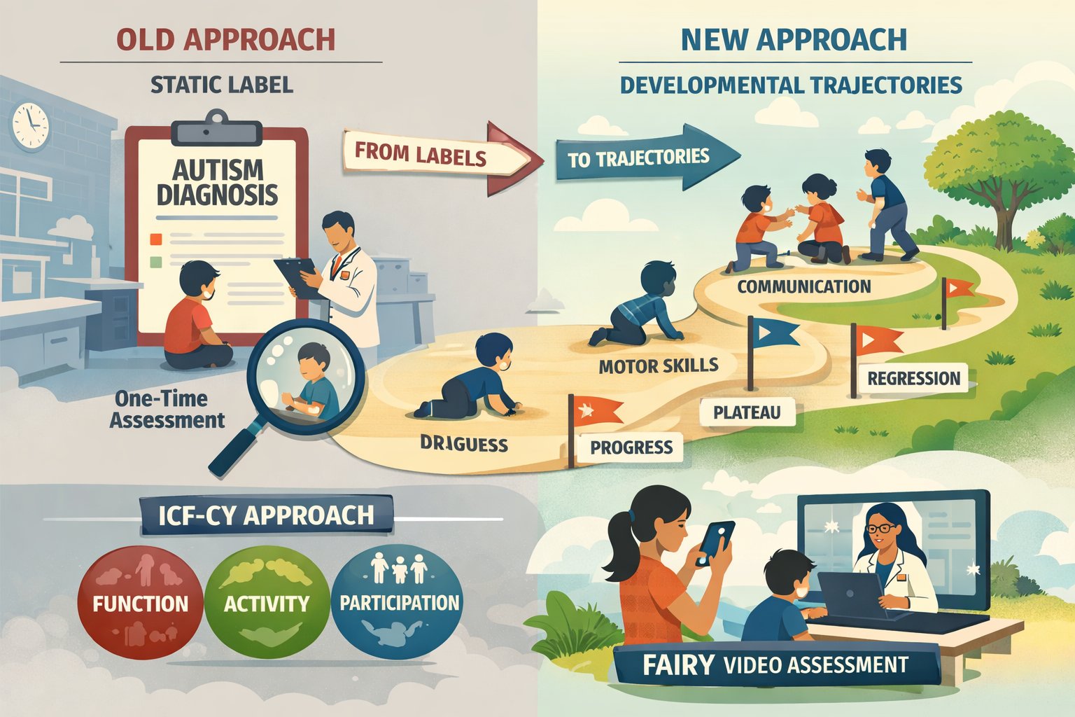 Infographic comparing old static autism diagnosis approach with new developmental trajectories approach — showing ICF-CY framework and FAIRY video assessment