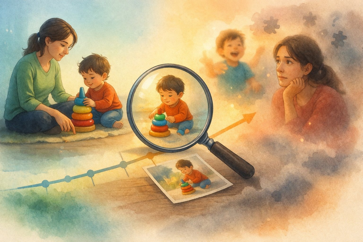 Parent trying to recall early developmental milestones from memory — illustrating why real-time structured developmental tracking is more reliable than retrospective recollection for spotting early signs in children