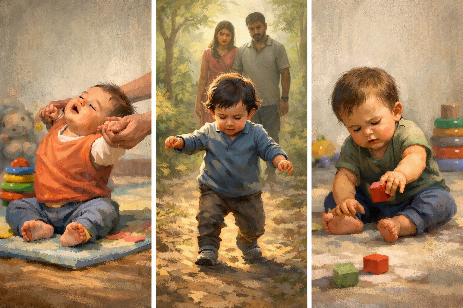 Three oil painting panels of Indian toddlers — sitting with support, taking first steps with parents watching, and exploring building blocks — early motor development in children