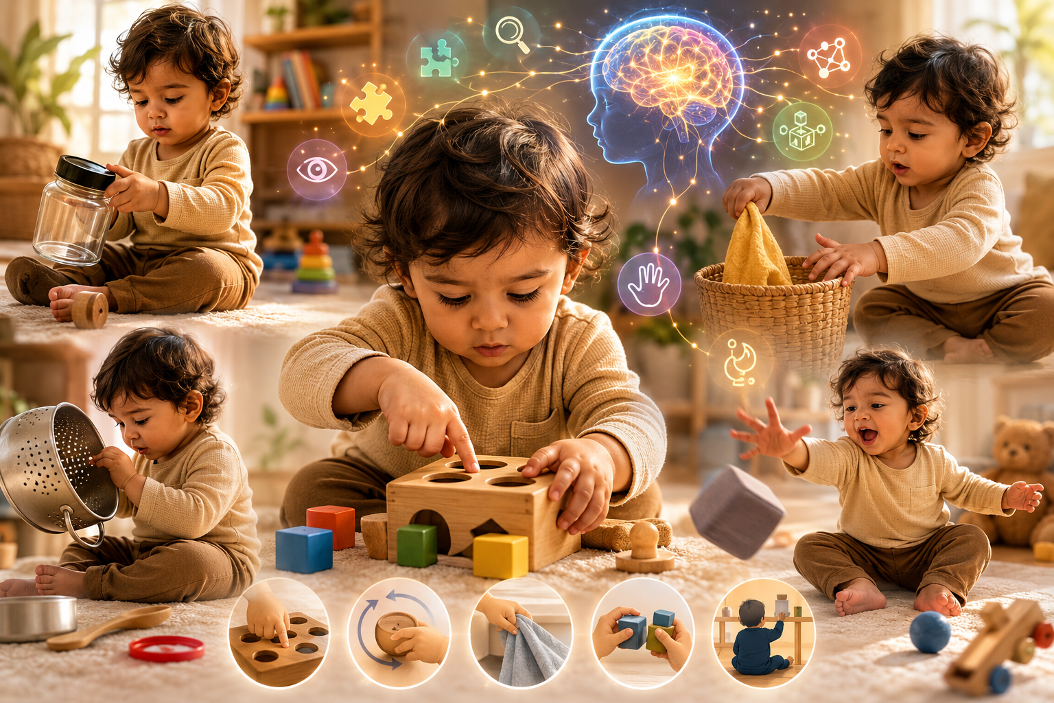 18-month-old toddler manipulating objects during play — cognitive development milestones India