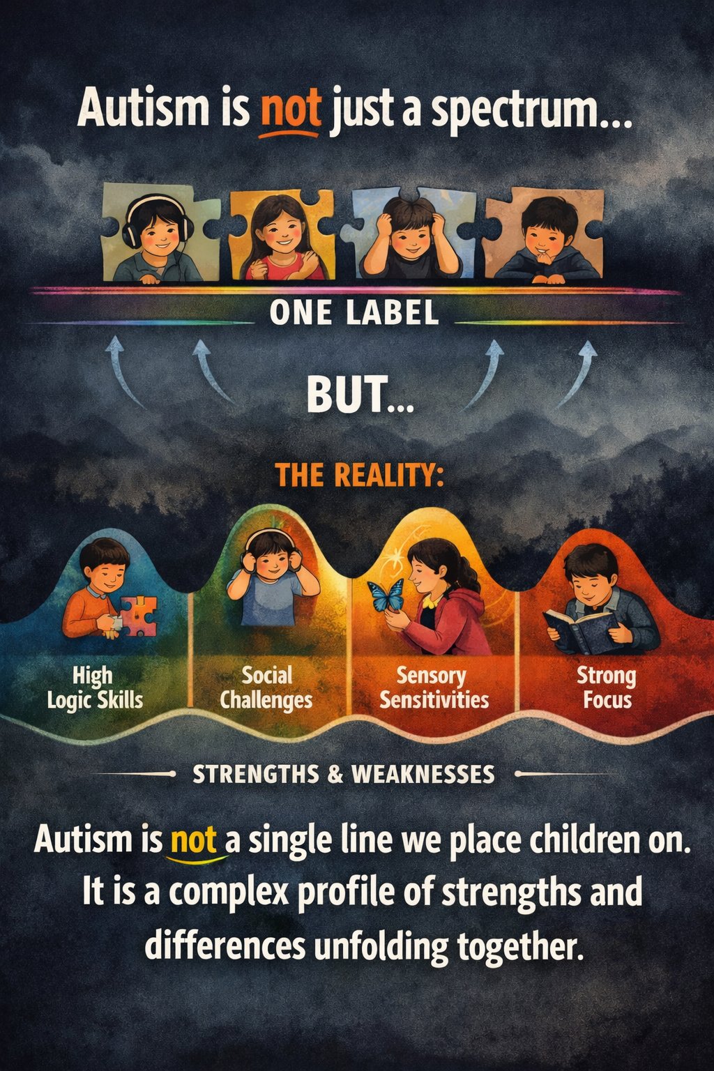 Infographic showing autism is not just a spectrum — one label covers four different children, but the reality shows an uneven wave of high logic skills, social challenges, sensory sensitivities and strong focus as distinct strengths and weaknesses