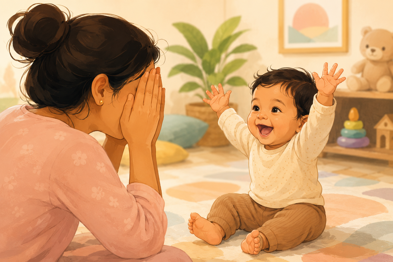 Baby playing peekaboo hide and seek at 9 months — cognitive development milestone