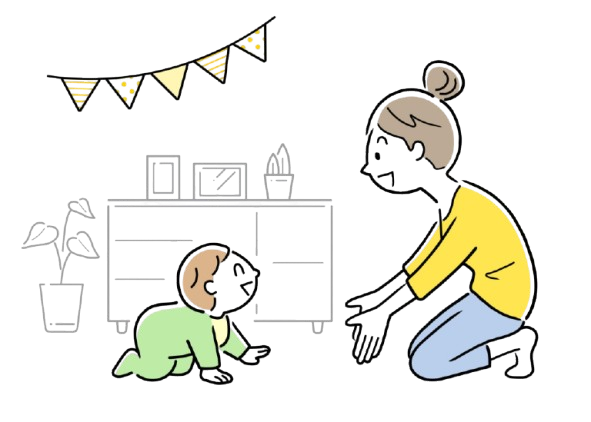 Illustration of a mother calling her baby who looks up with eye contact — depicting the name response developmental milestone in infants aged 6 to 12 months