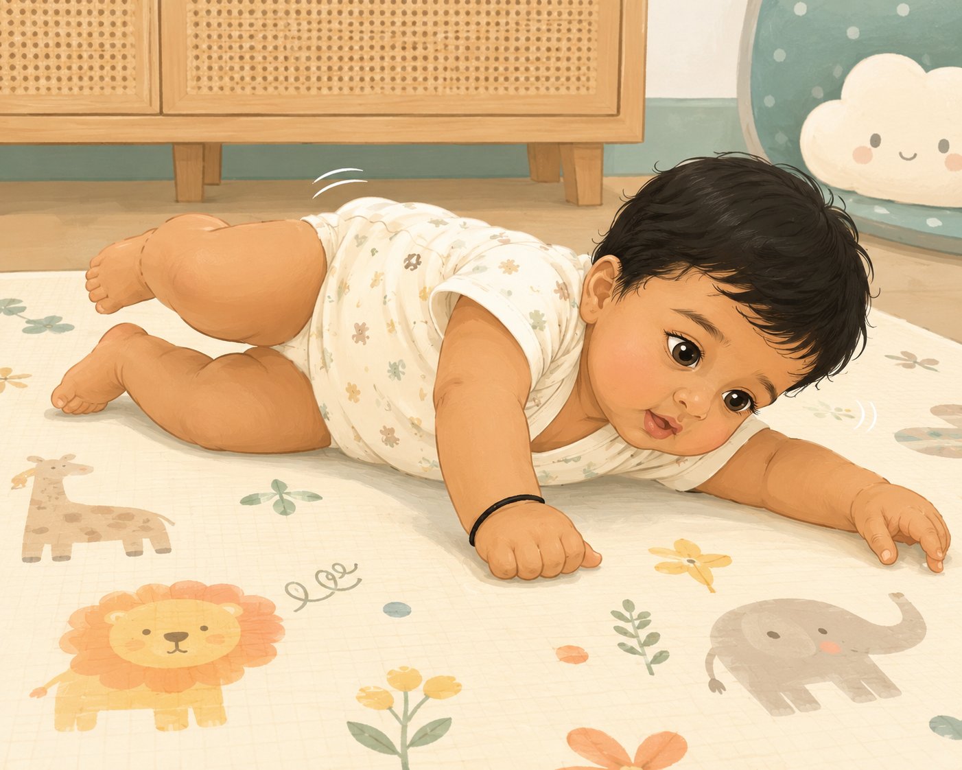 Indian baby on tummy on a colourful play mat attempting to roll over, demonstrating tummy time and motor milestone development for Indian infants