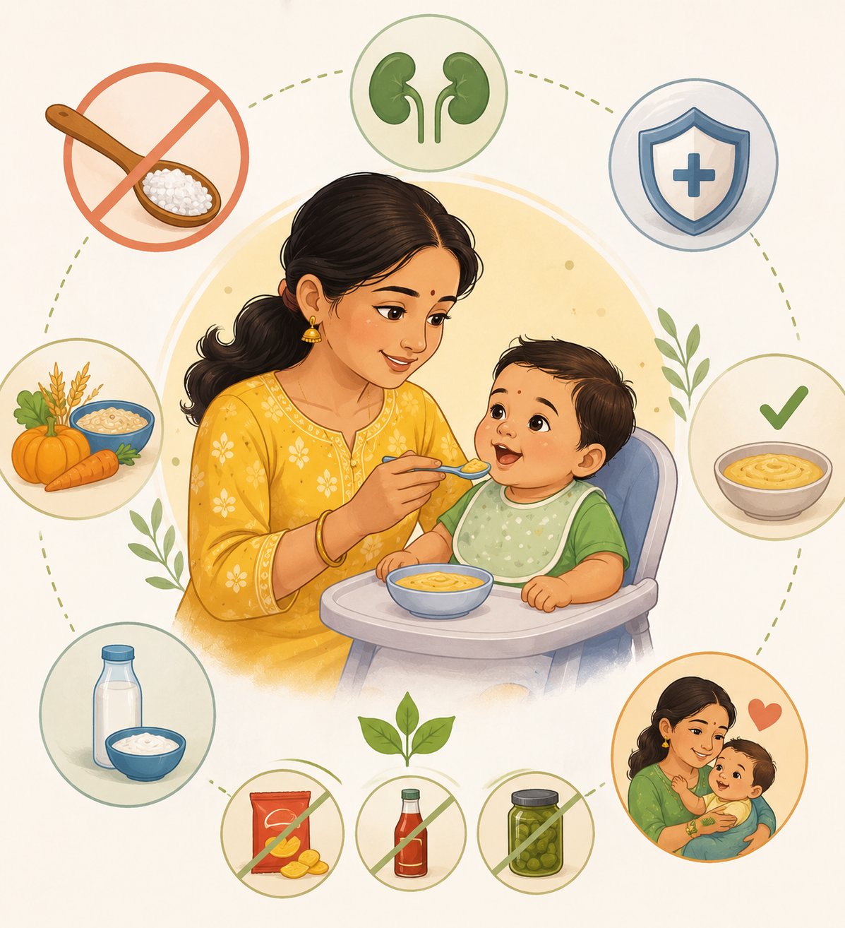 Indian mother in yellow kurta feeding her baby boy in a high chair with no-salt pureed food — infographic showing no added salt symbol, kidney health icon, healthy home-cooked vegetables, curd, and crossed-out processed snacks and sauces, illustrating salt-free complementary feeding guidelines for Indian babies under 12 months