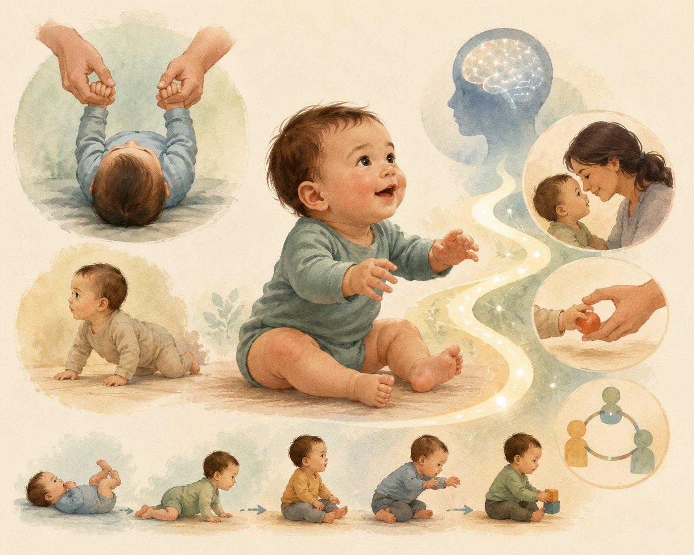 Watercolour illustration of infant developmental milestones — baby lying, crawling, sitting upright and exploring objects, showing the progression of motor development from birth through the first year