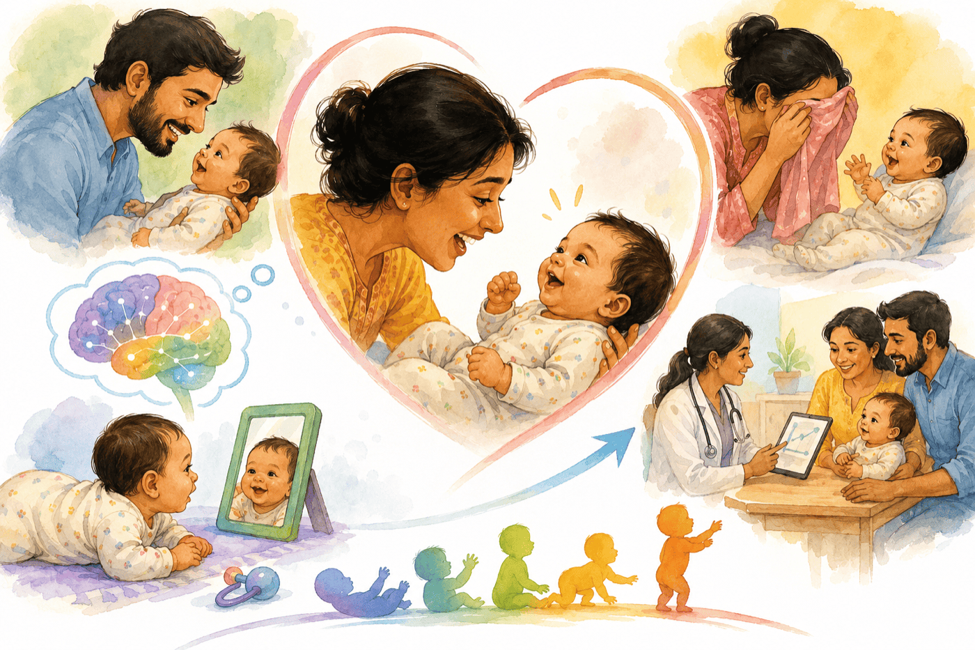 Indian mother and baby sharing a social smile — early infant development milestone for Indian parents