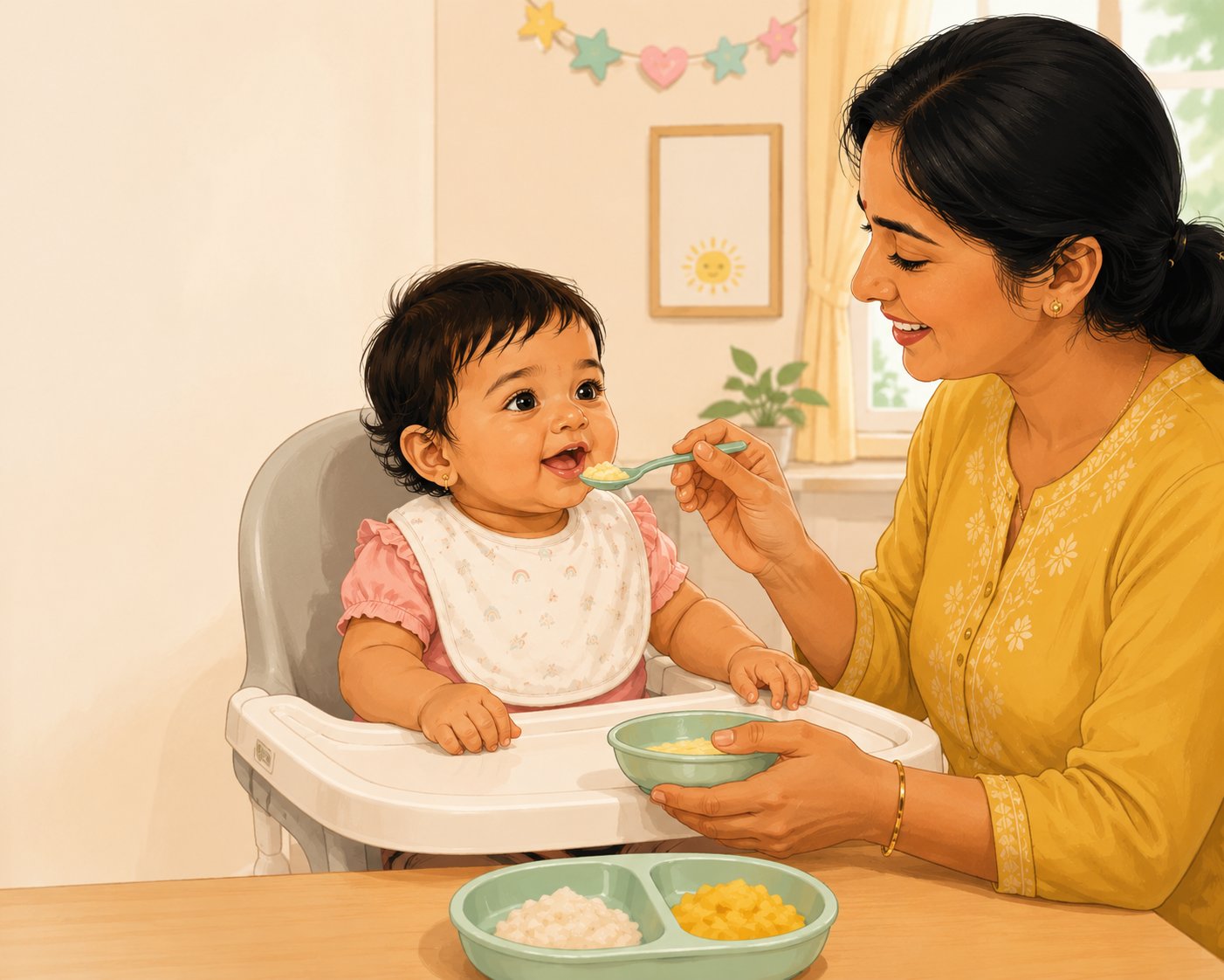 Indian mother feeding her baby girl first solid foods in a high chair — complementary feeding at 6 months, representing evidence-based weaning practices for Indian babies