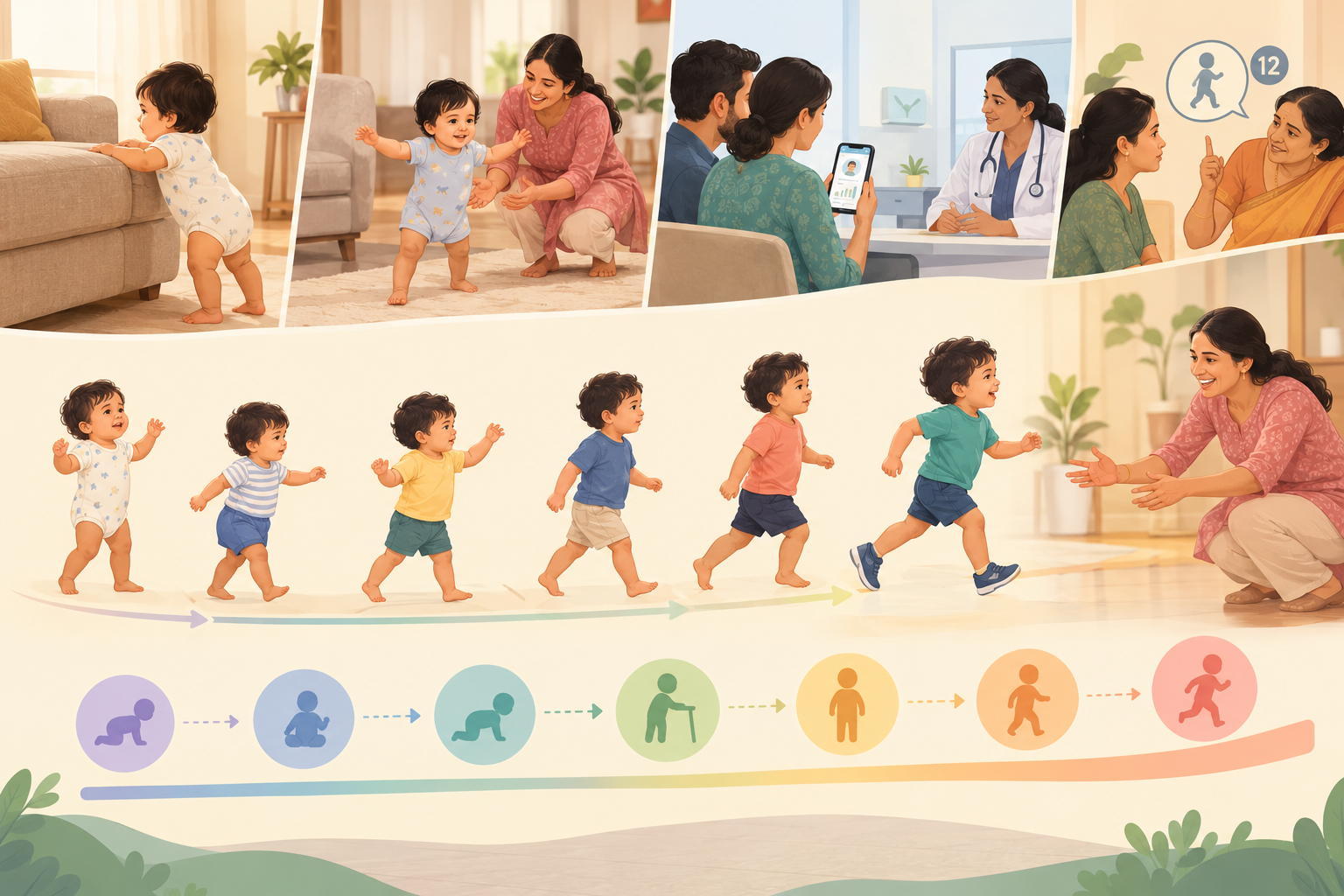 Toddler taking wobbly first steps progressing to running — walking milestones 12-18 months India