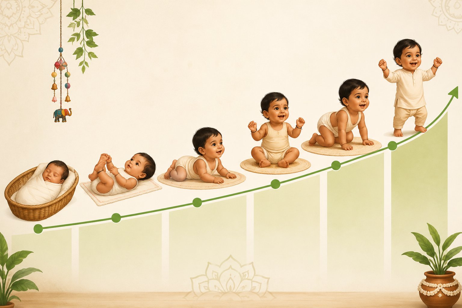 Illustrated Indian baby growth chart showing six developmental stages from newborn in a basket to toddler standing — depicting weight and motor milestones from birth to 5 years for Indian children, with a rising growth curve and traditional Indian decor