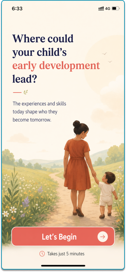 Hidden Hum app screen showing early developmental screening experience for children