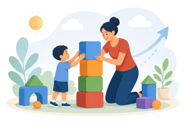 Parent and child engaged in early intervention therapy activities — building developmental skills for autism and ADHD support in India