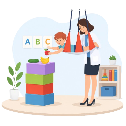 Occupational therapist with child in sensory swing — therapy for autism, ADHD and sensory processing challenges in India