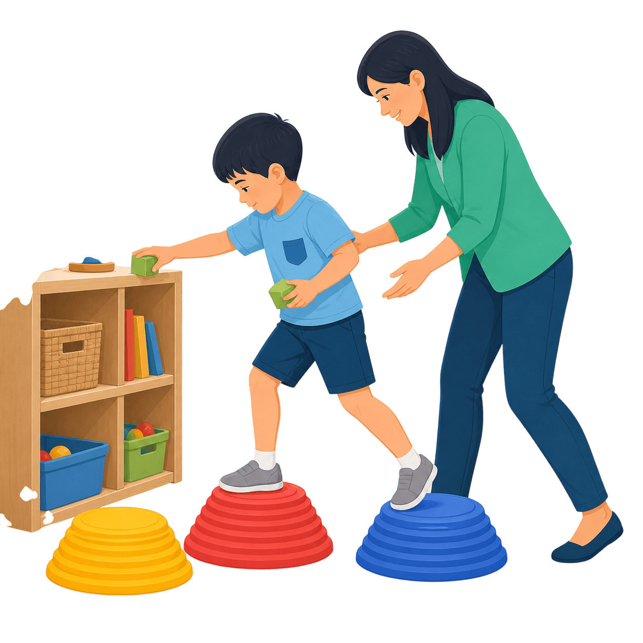 Physical therapist supporting a child with balance and coordination exercises — early intervention for developmental delays and autism in India